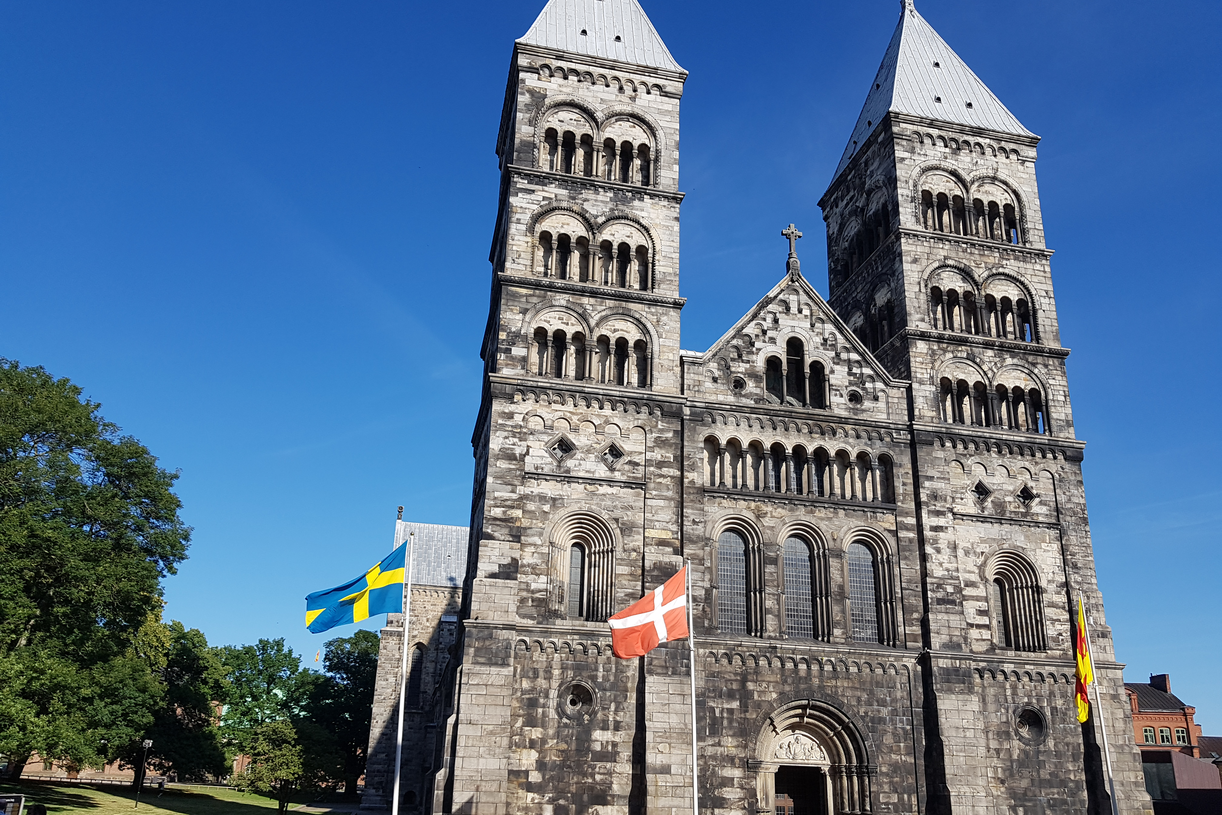 Lund Cathedral with Denmark and Sweden flags